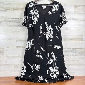 Dressbarn Woman Black White Floral Midi Dress Plus Sz 20W Short Sleeve Stretchy